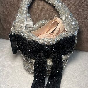 Beaded Sequin Bow Bucket Bag - Silver & Black